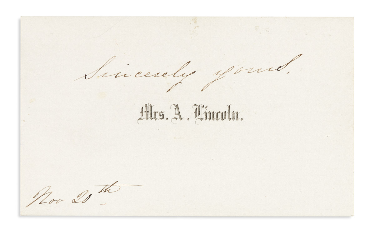 (LINCOLN, ABRAHAM.) MARY TODD LINCOLN. Autograph Note, unsigned, to Mrs. Gideon Welles, on Mrs. Lincolns printed visiting card.